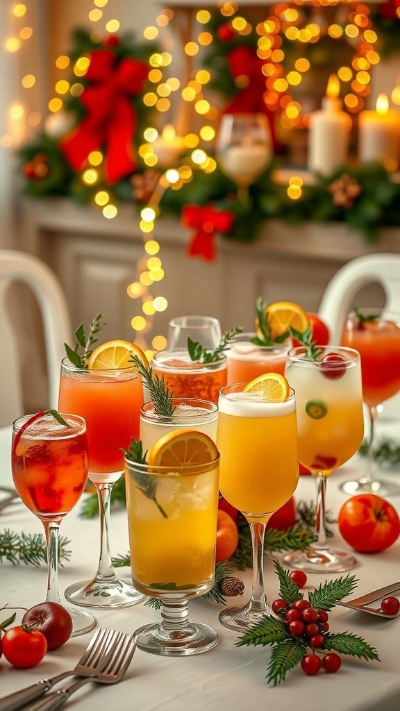 Festive Christmas Cocktails Table A festive Christmas cocktail table with various colorful drinks and holiday decorations.